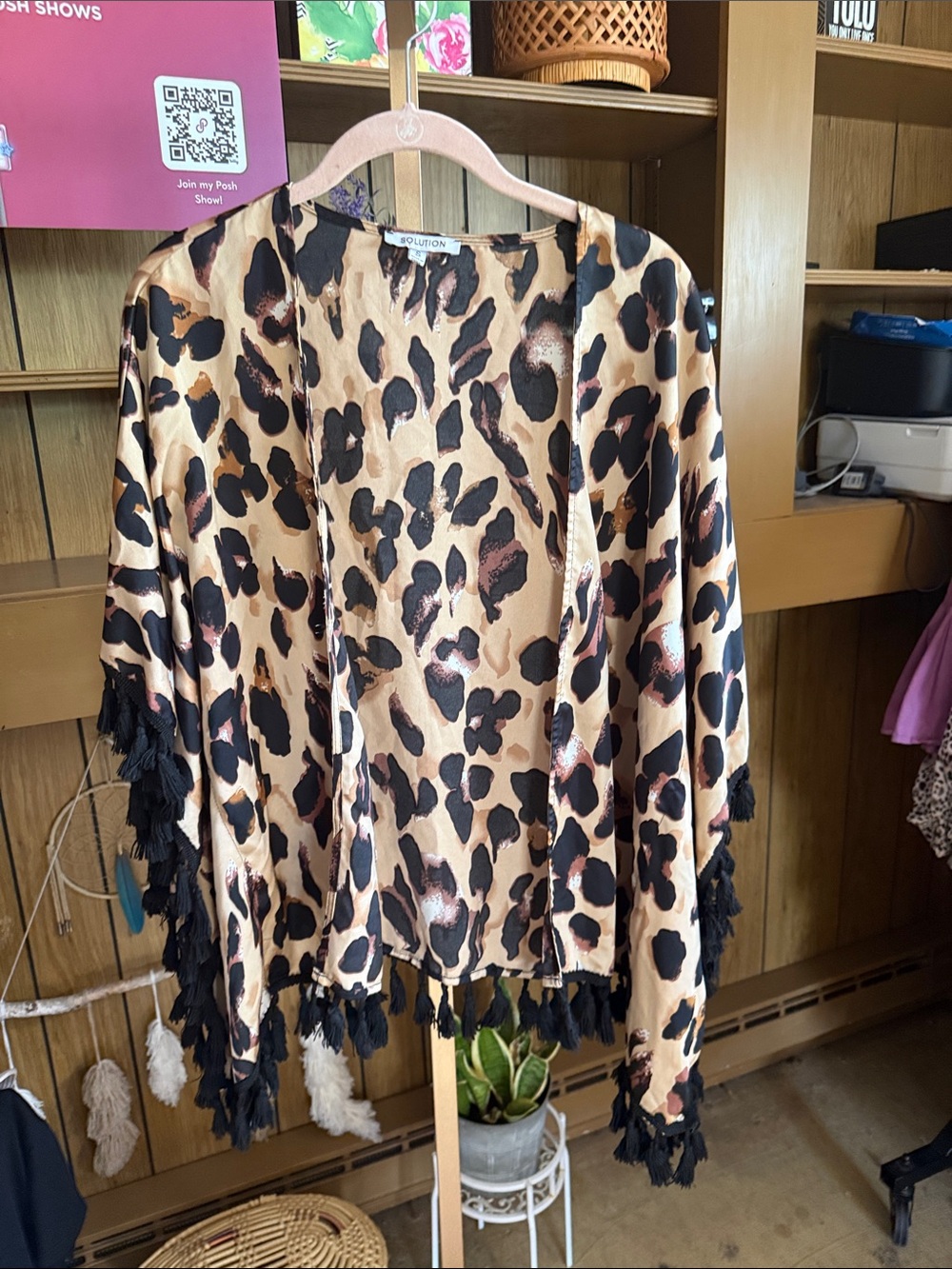 Leopard Print Tassel Kimono Shrug - Black & Tan by Solution